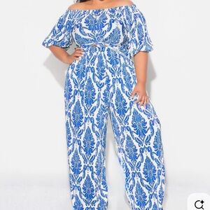 Blue and White Off-Shoulder Jumpsuit